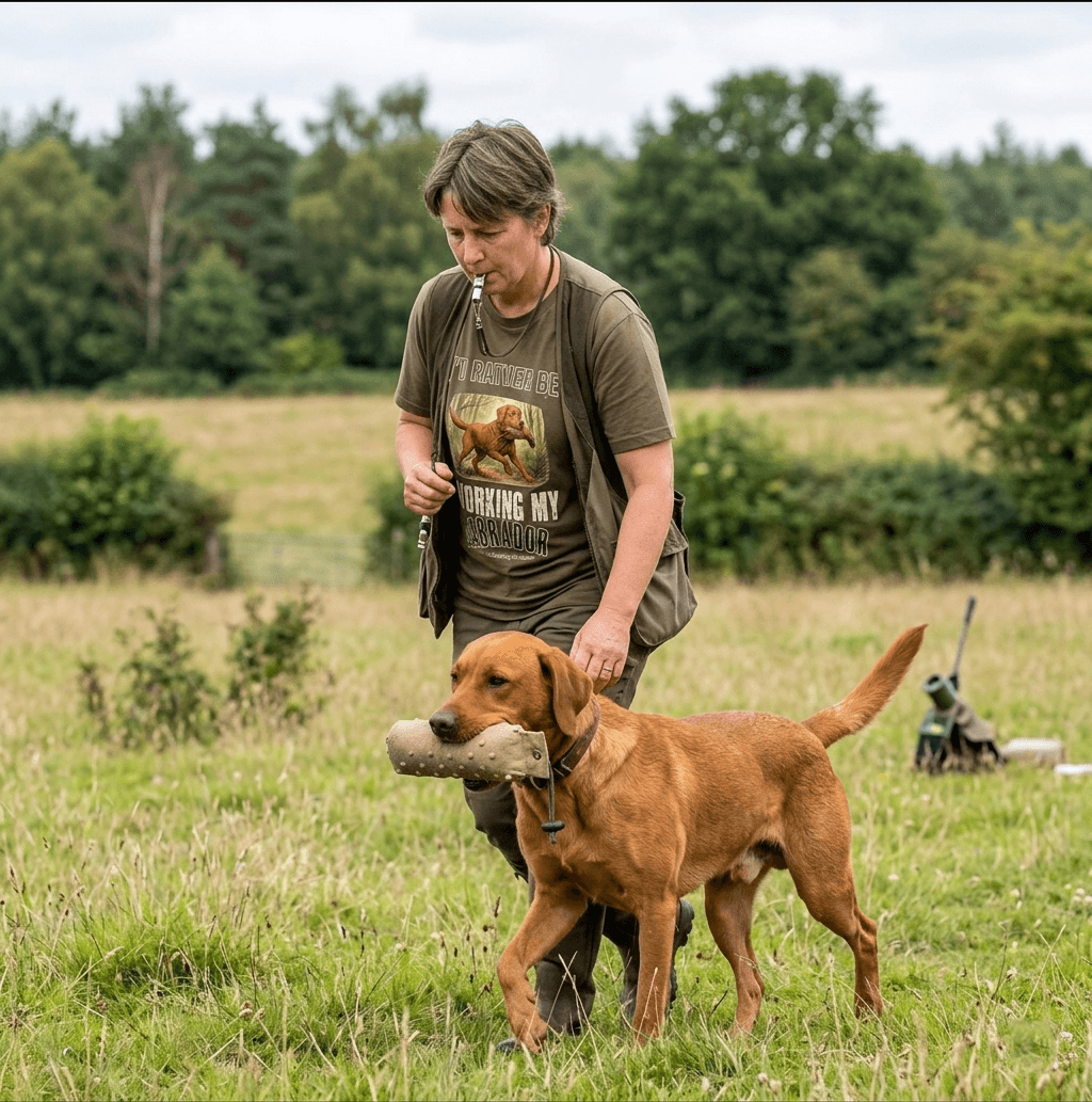Handler training a gundog in the field