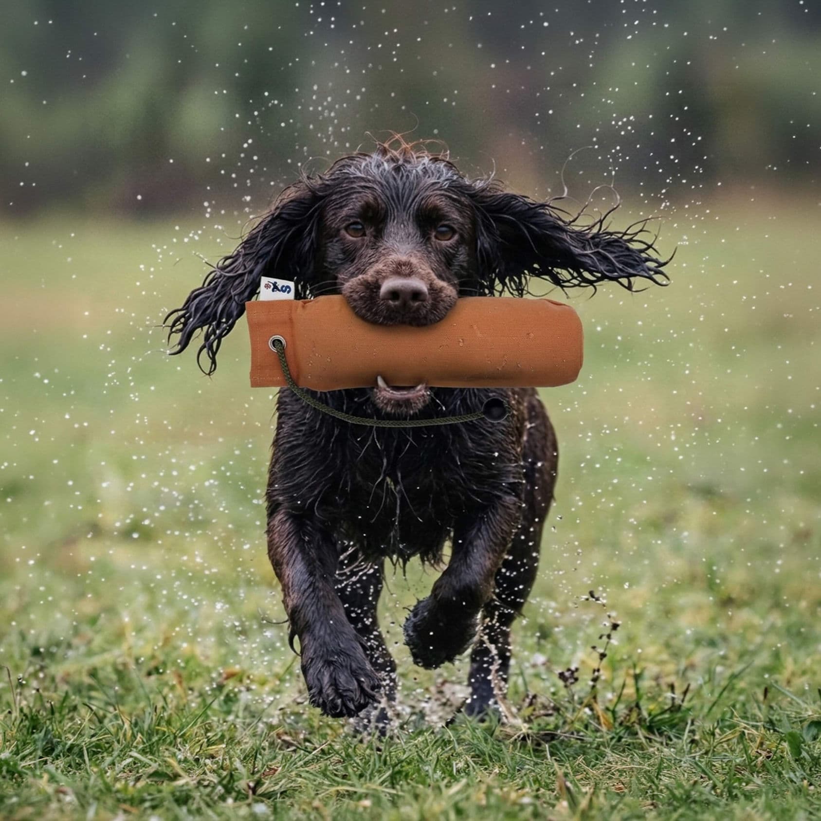 Spaniel retrieving an orange training dummy